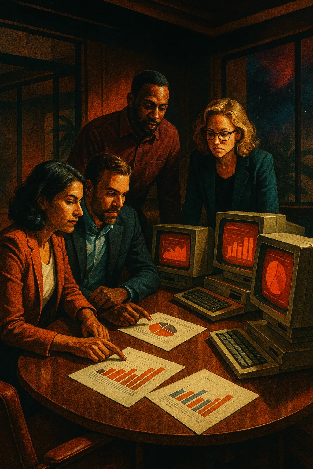 Team analyzing charts at RockN' Socials Digital Marketing Agency.