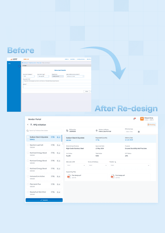 Vendor Portal software befor and after redesigniing screens