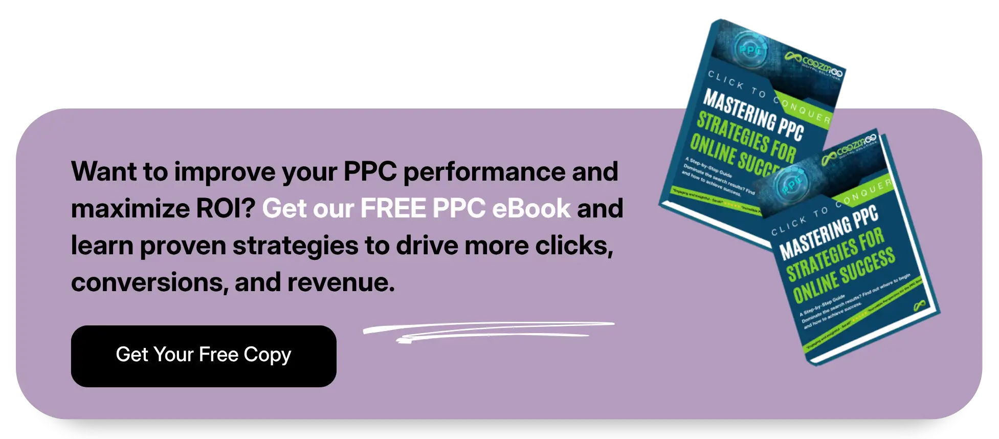 CTA banner for a free Mastering PPC eBook to improve PPC performance and ROI.