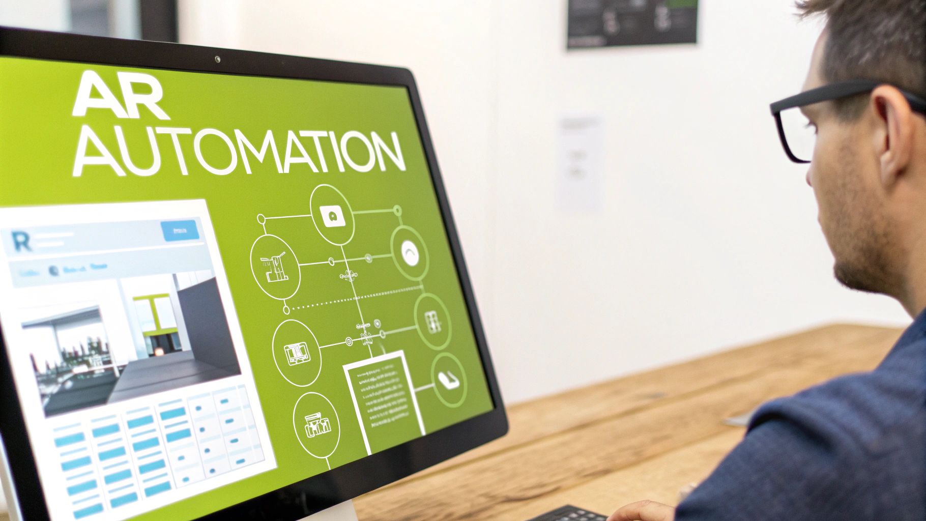 A man in glasses works on a computer displaying 'AR AUTOMATION' software with diagrams.