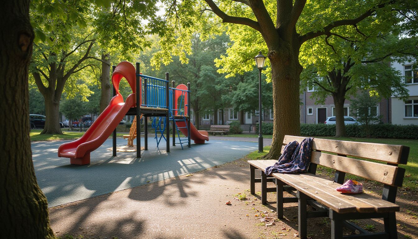 A vibrant playground in a serene Amsterdam neighborhood surrounded by trees.