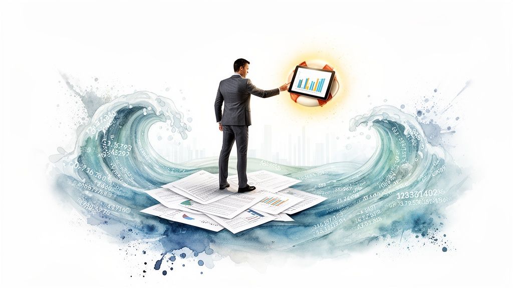 Businessman stands on data-filled waves of documents, reaching for a tablet with charts, a symbol of analytics solutions.