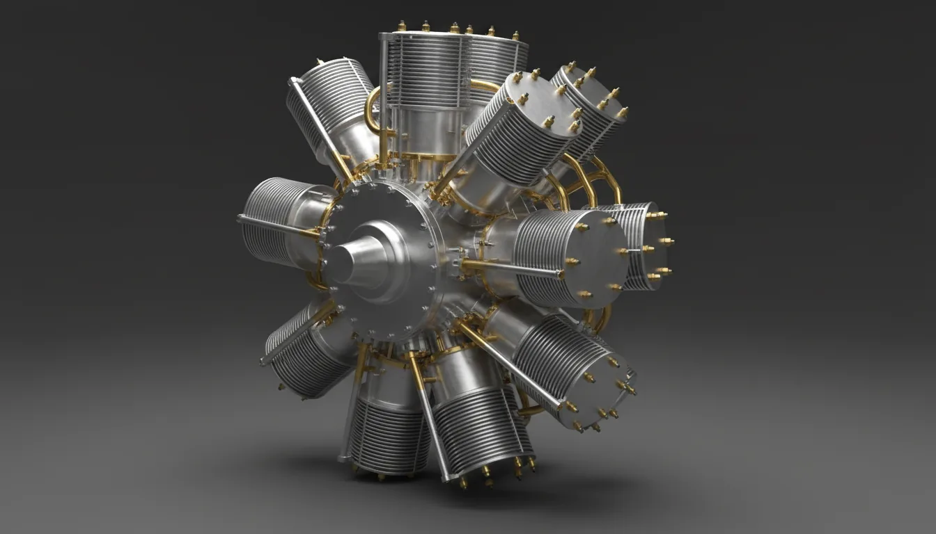 A high-fidelity 3D render of an intricate radial aircraft engine, SolidWorks CAD model style, featuring brushed metal cylinders with cooling fins, a polished steel central crankcase, and accents of polished brass on pipes and fittings. Rendered with soft global illumination against a clean, dark gray studio backdrop, creating subtle highlights and soft shadows that define the complex mechanical forms. Three-quarter perspective view, showcasing the detailed engineering and precision assembly.