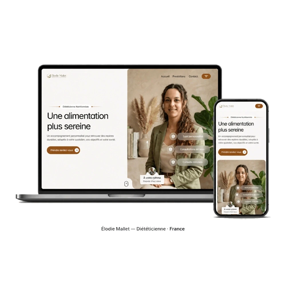 Mockup du site Élodie Mallet Diététicienne avec présentation des consultations en ligne sur desktop et mobile.