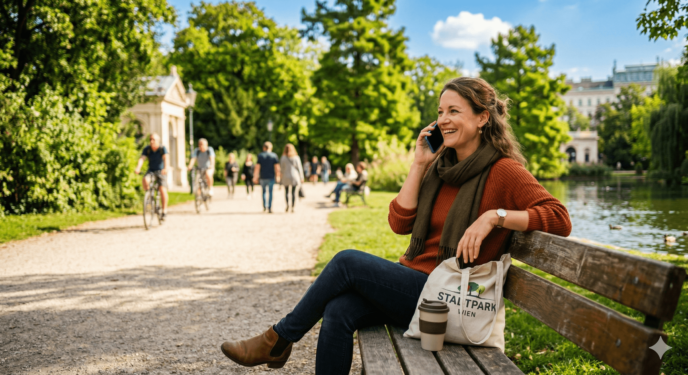 Glückliche Frau telefoniert im Sommer mit dem goai Kundenservice auf einer Parkbank im grünen Wiener Stadtpark