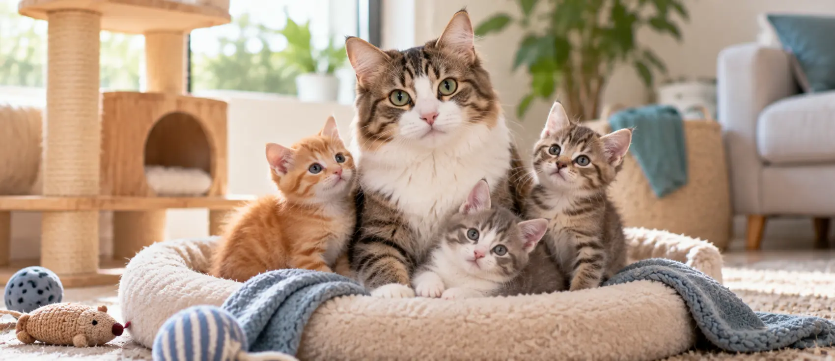 Adult cat resting in a pet bed with three kittens in a cozy living room.