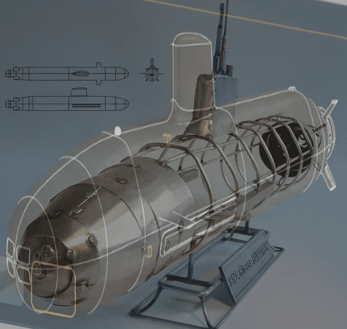 Représentation artistique en métal d'un sous-marin de la classe Churchill, interprétation de l'artiste à partir des plans techniques. Artistic metal representation of a Churchill-class submarine, the artist's interpretation based on technical blueprints.
