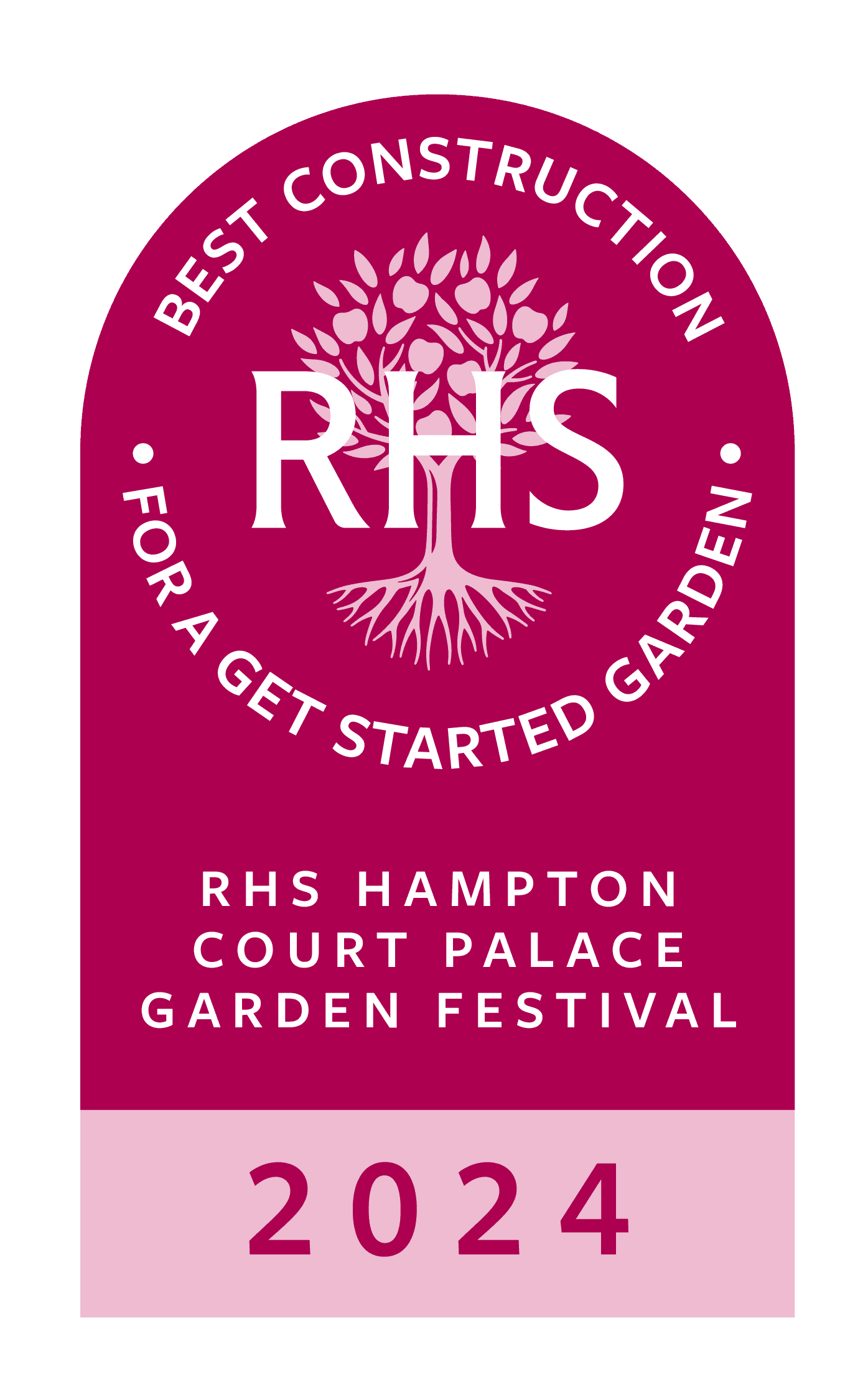 RHS competition badge for 2024, featuring a tree logo and text indicating "Best Construction."