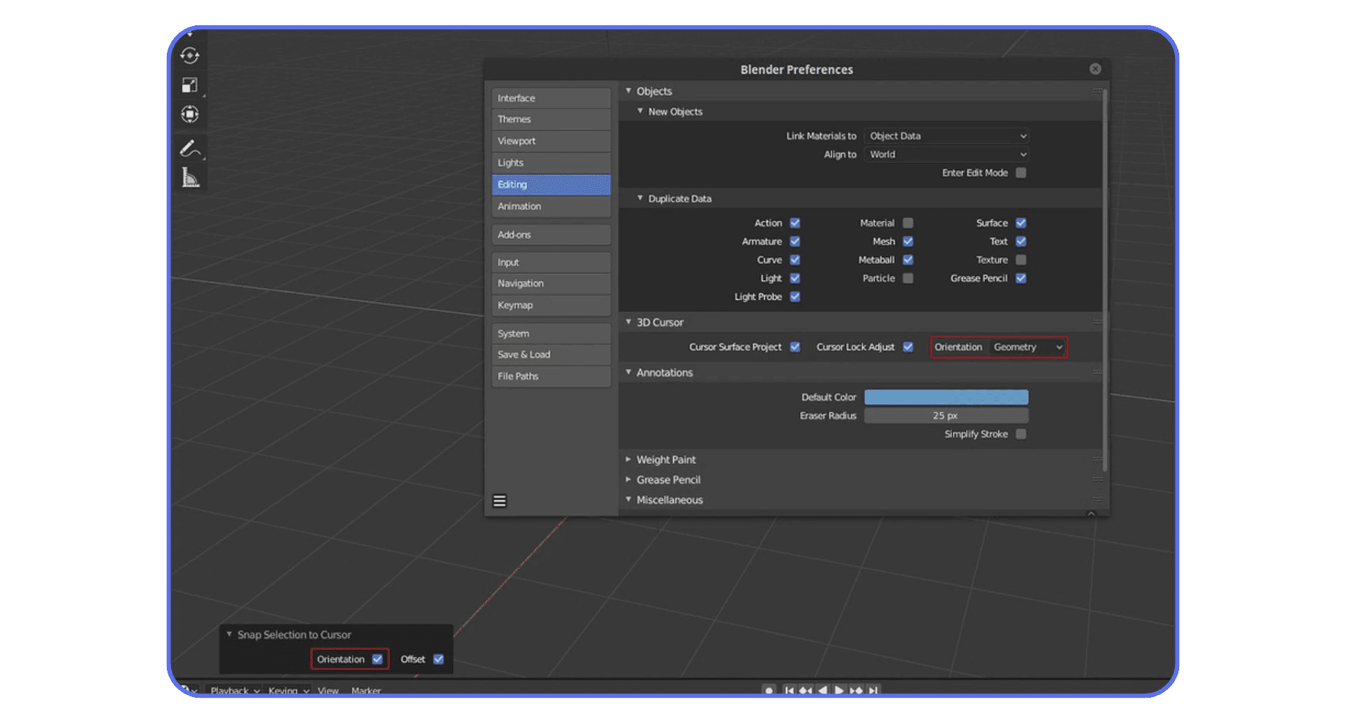 Blender Preferences panel showing 3D Cursor orientation settings