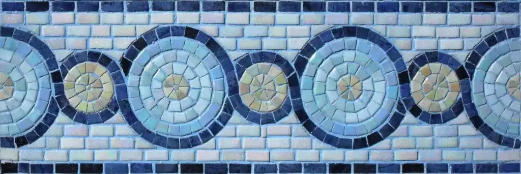 Roman Discs mosaic border, Iridescent blue and cream, hand-cut — reference H-26, Mosaiclegs Art Studio