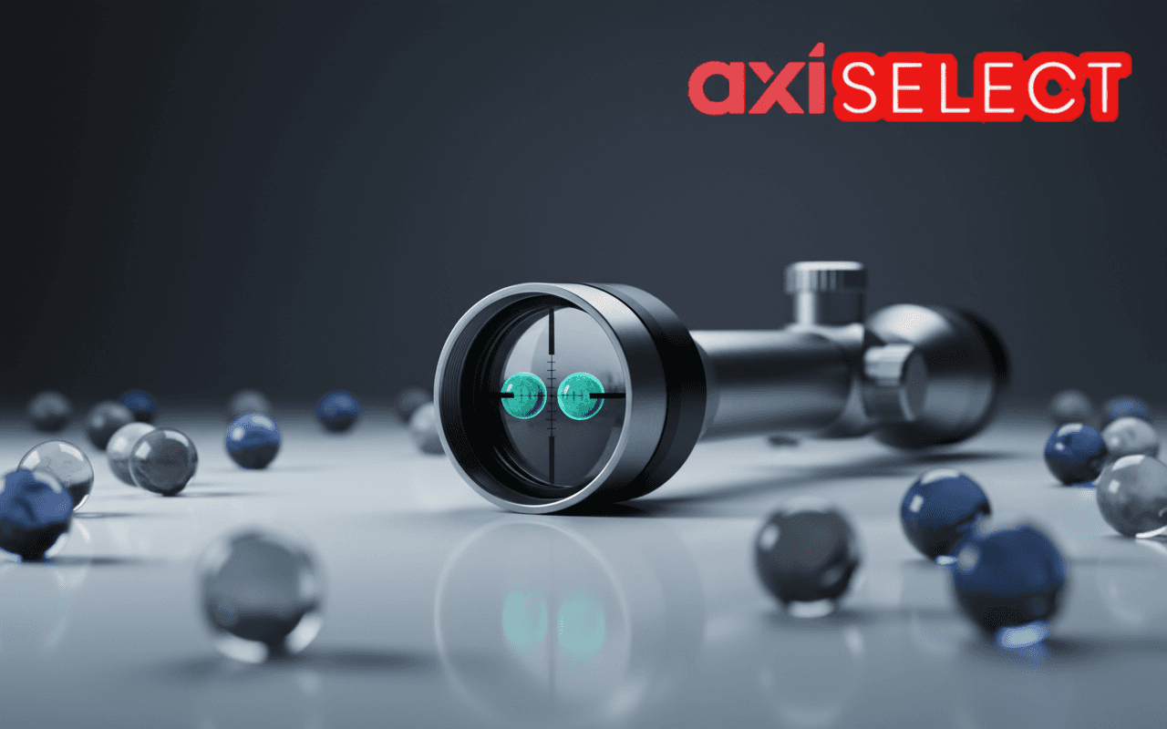 Sniper scope focusing on only the best trades represented by highlighted marbles, symbolizing precision trade filtering in copy trading strategies