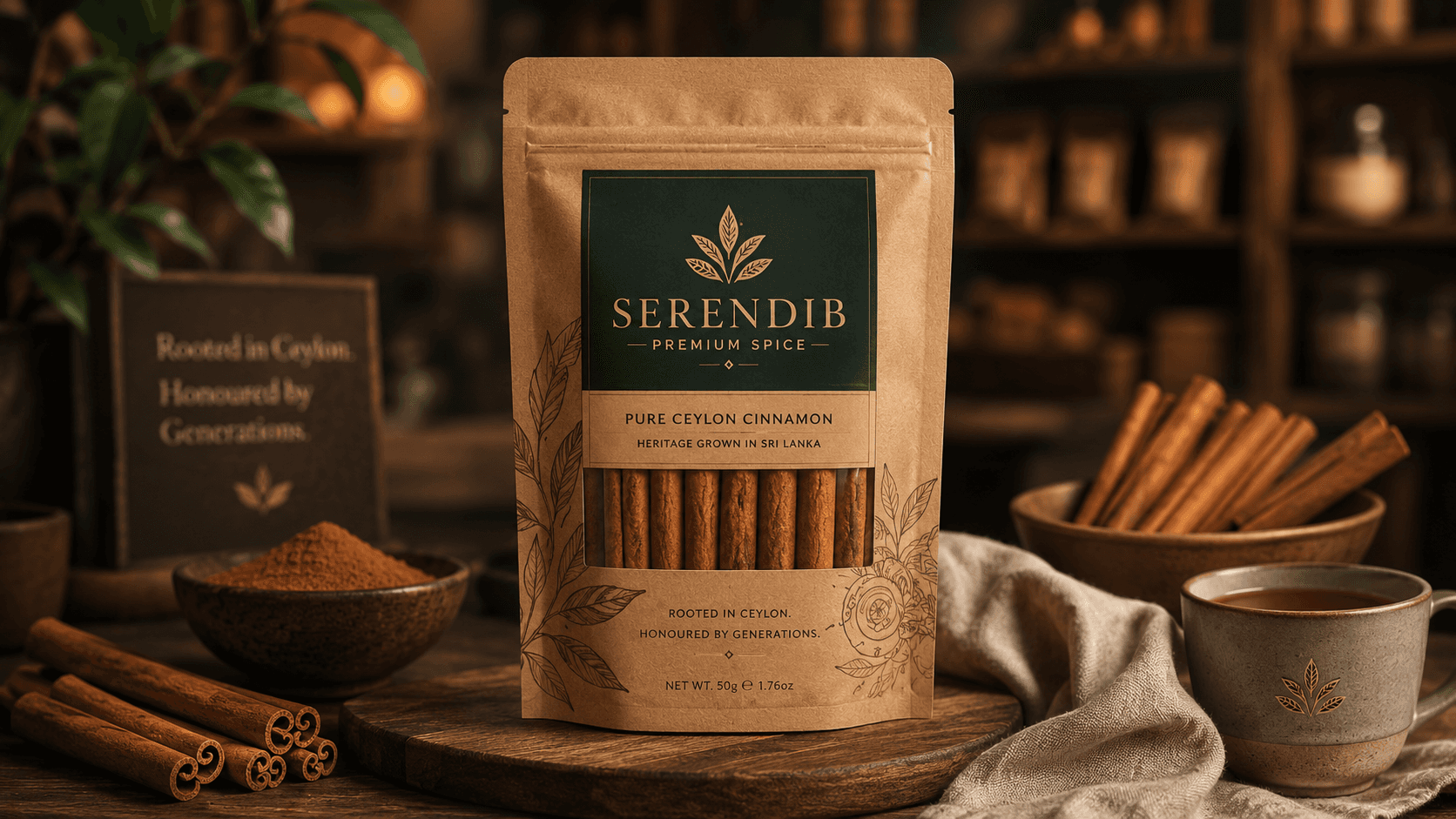 premium cinnamon packaging of the spice brand serendib