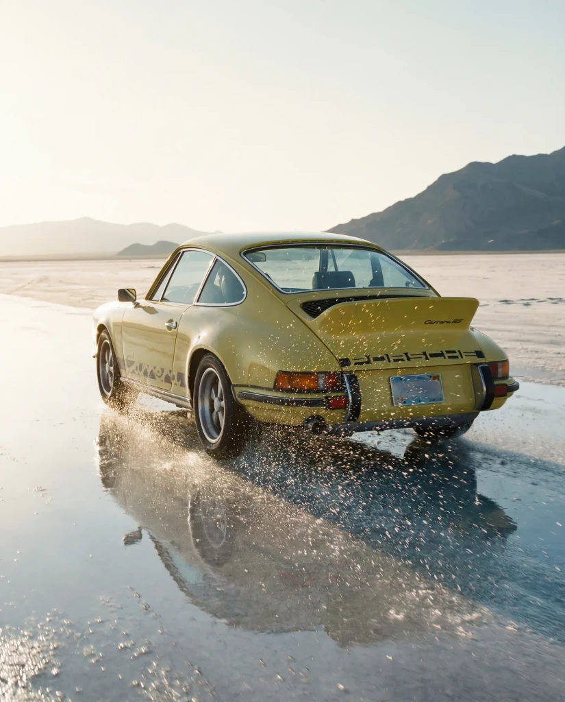 Rear three-quarter view of a classic Porsche 911 driving along a reflective salt flats track with shallow water and salt-crusted ground