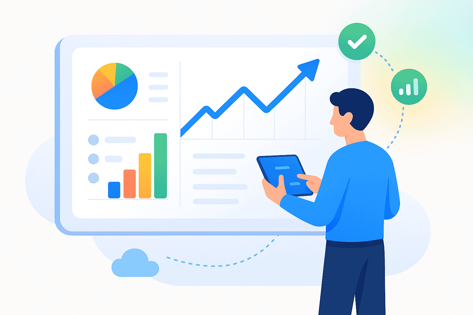 Google-style flat illustration showing an analytics dashboard with KPIs, charts, and performance metrics rising upward as a person analyses results on a laptop.