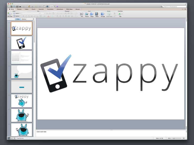 Presentación de PowerPoint con el logo de Zappy, mostrando un móvil con una marca de verificación azul.