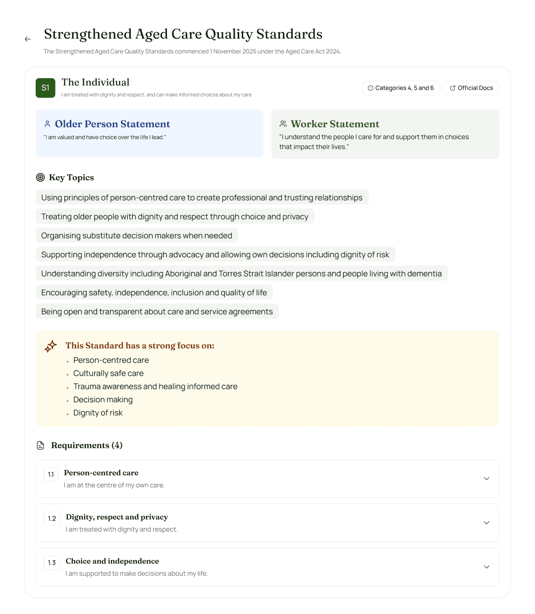 Compliance summary panel displaying task status, progress tracking, and reporting overview for aged care standards
