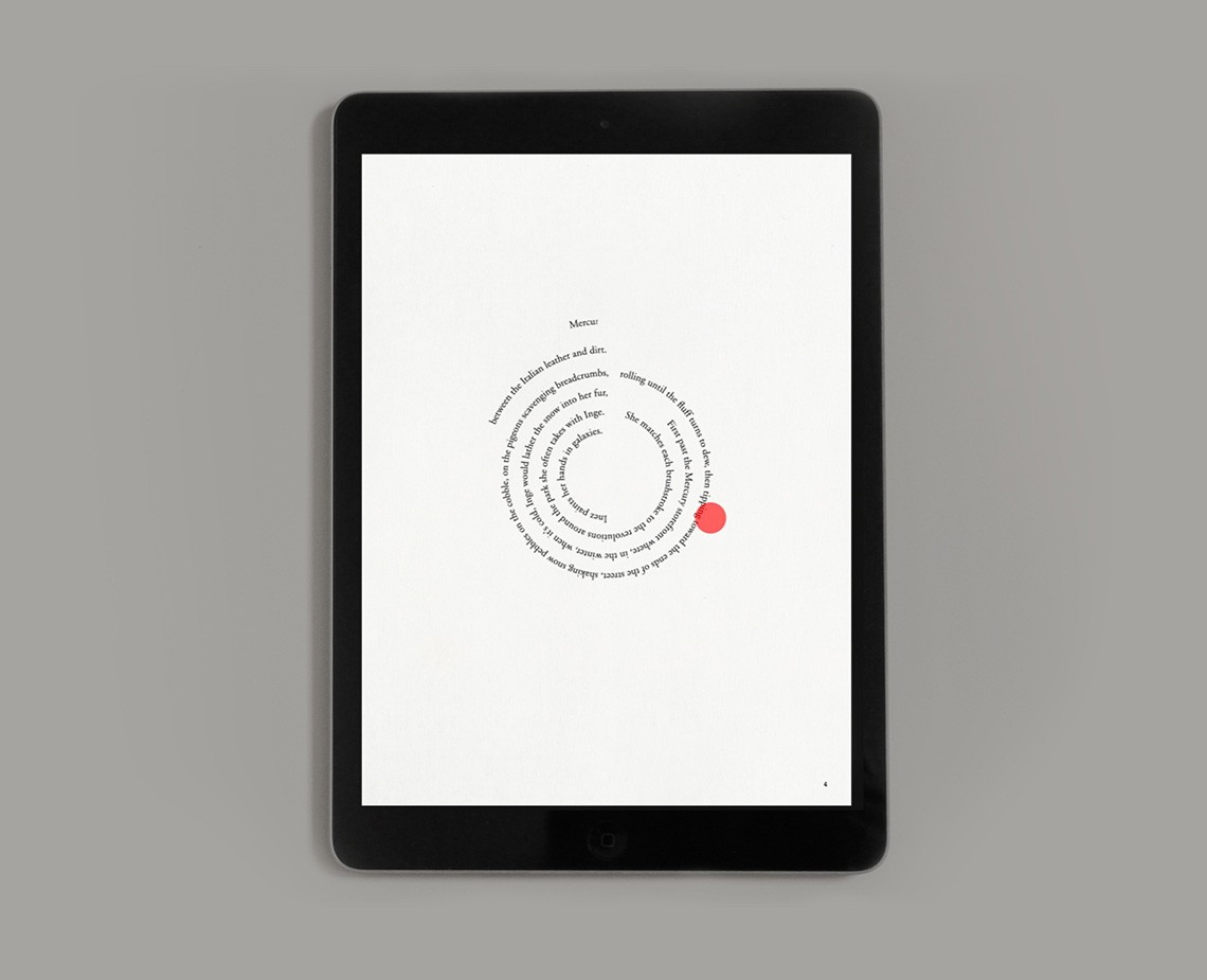 A black tablet displays a white screen with black text and a red dot in the center. The text reads “Mercur,” “breathing breaths,” “rolling until it hits her fur,” and “she’s not alone.” A small black dot appears in the bottom right corner of the screen.