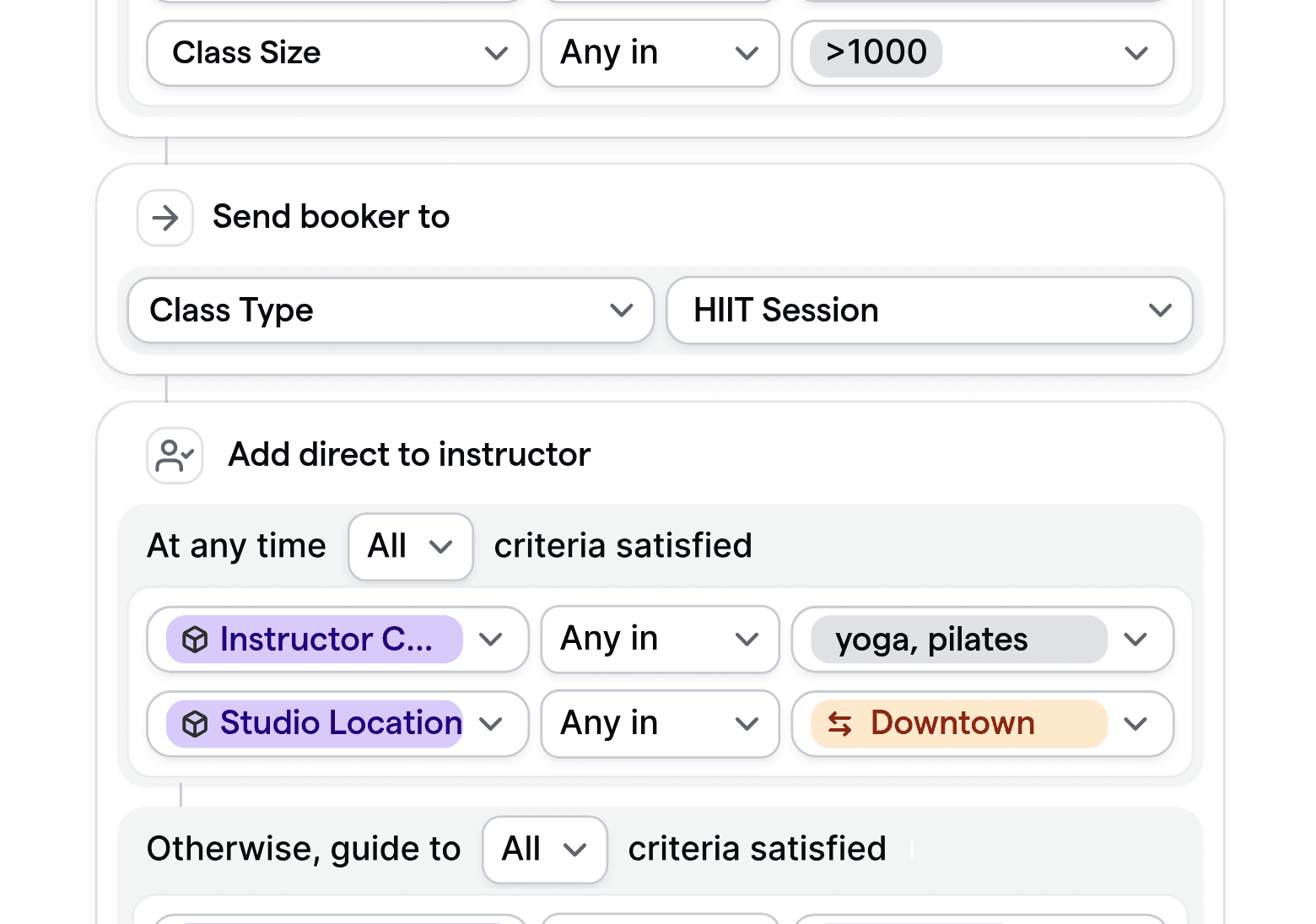 Aanpasbare routeringslogica-interface voor groepsfitnessstudio's, met de nadruk op groepsgrootte, type, instructeurcertificering en studio-locatie.