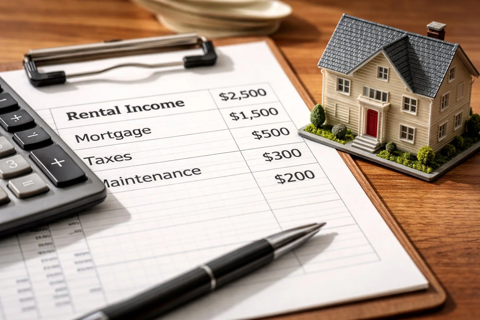 Close-up of a ledger or spreadsheet showing rental income, mortgage, taxes, and maintenance costs, with a small model house beside it.