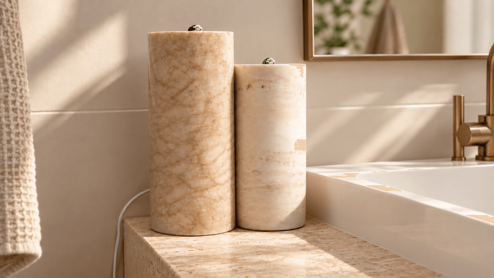 Two stone holders concealing electric toothbrushes beside the bathroom sink.