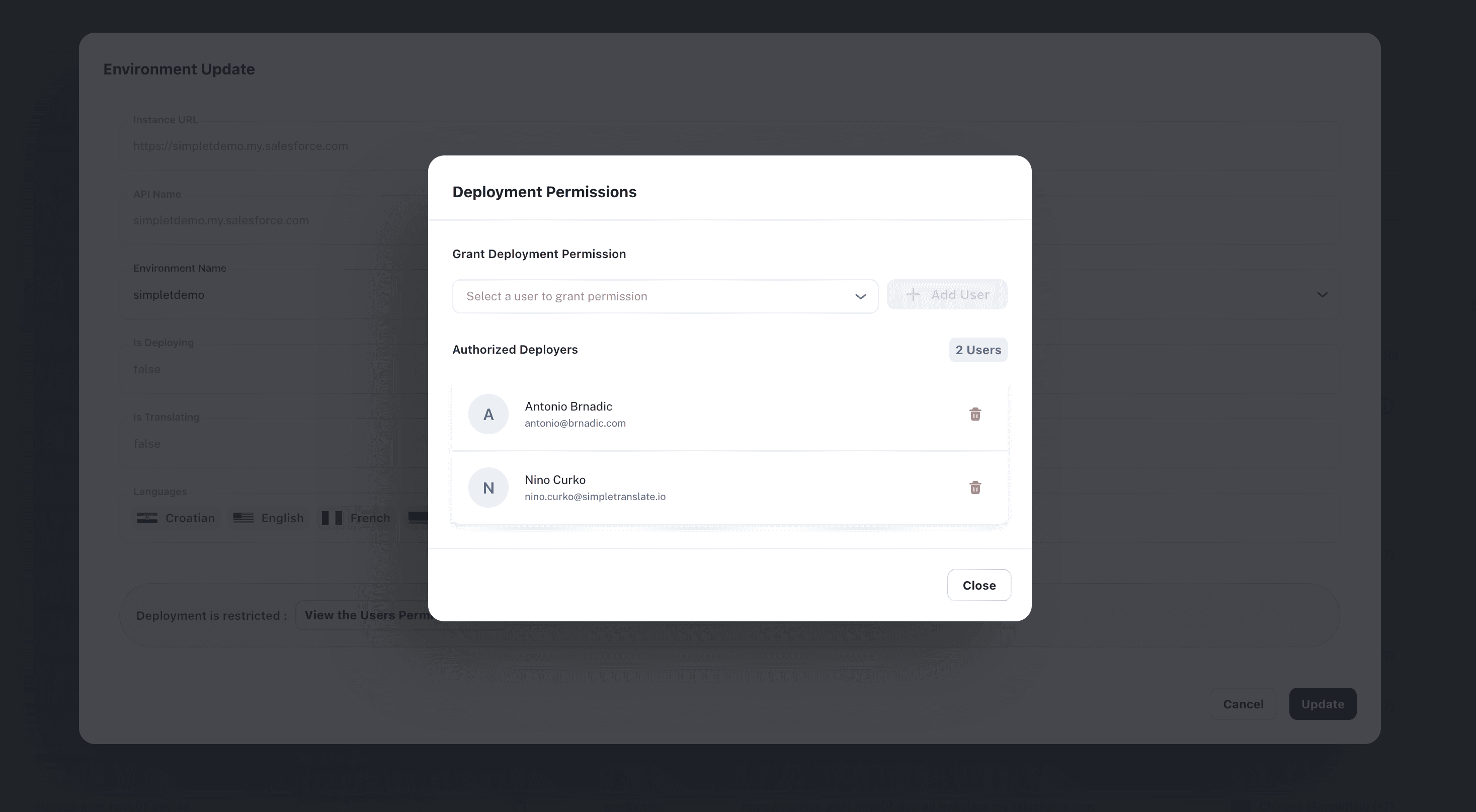 Permissions dialog showing the authorized deployers list for a restricted Salesforce environment