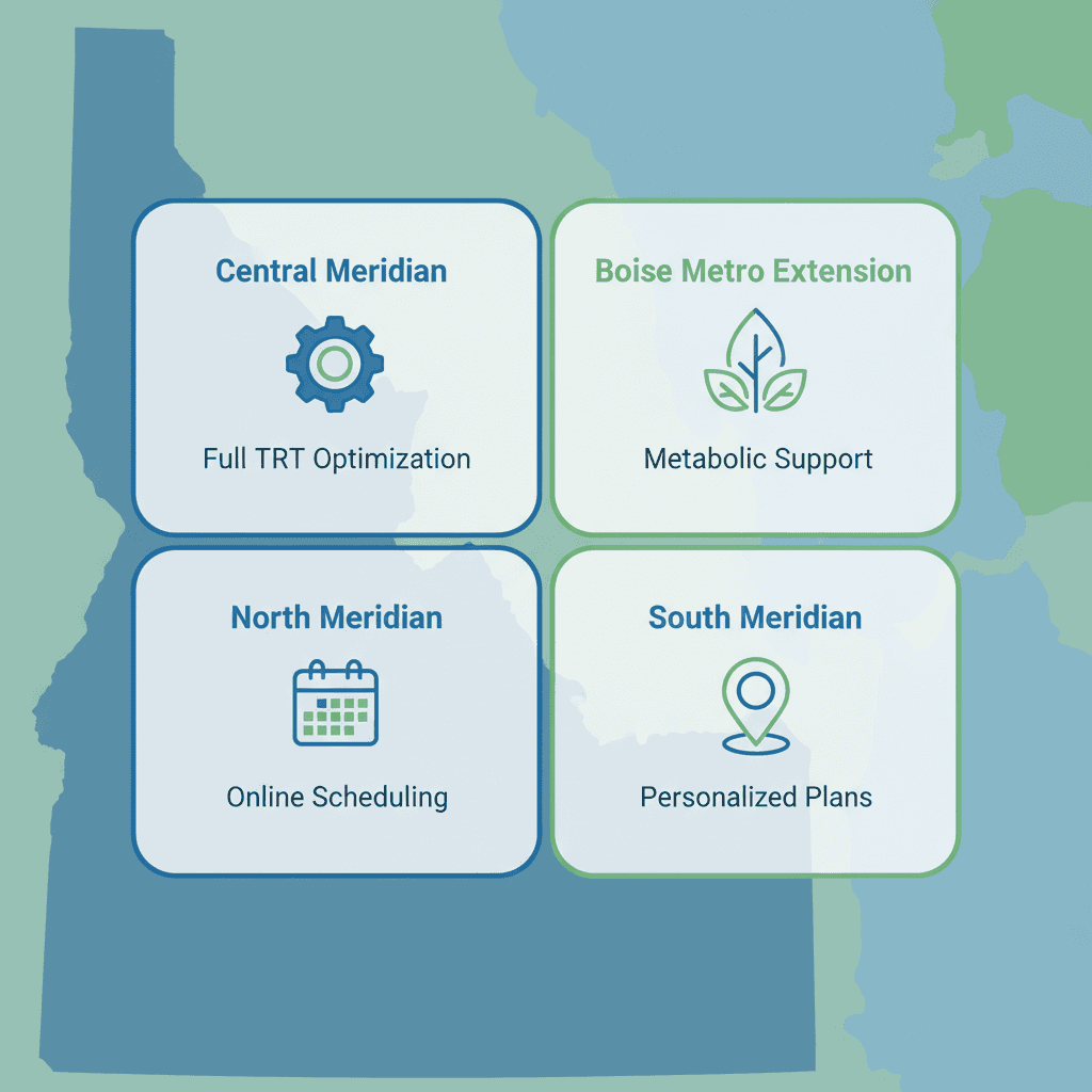 Infographic showing TRT service coverage in four Meridian areas with map icons and key details