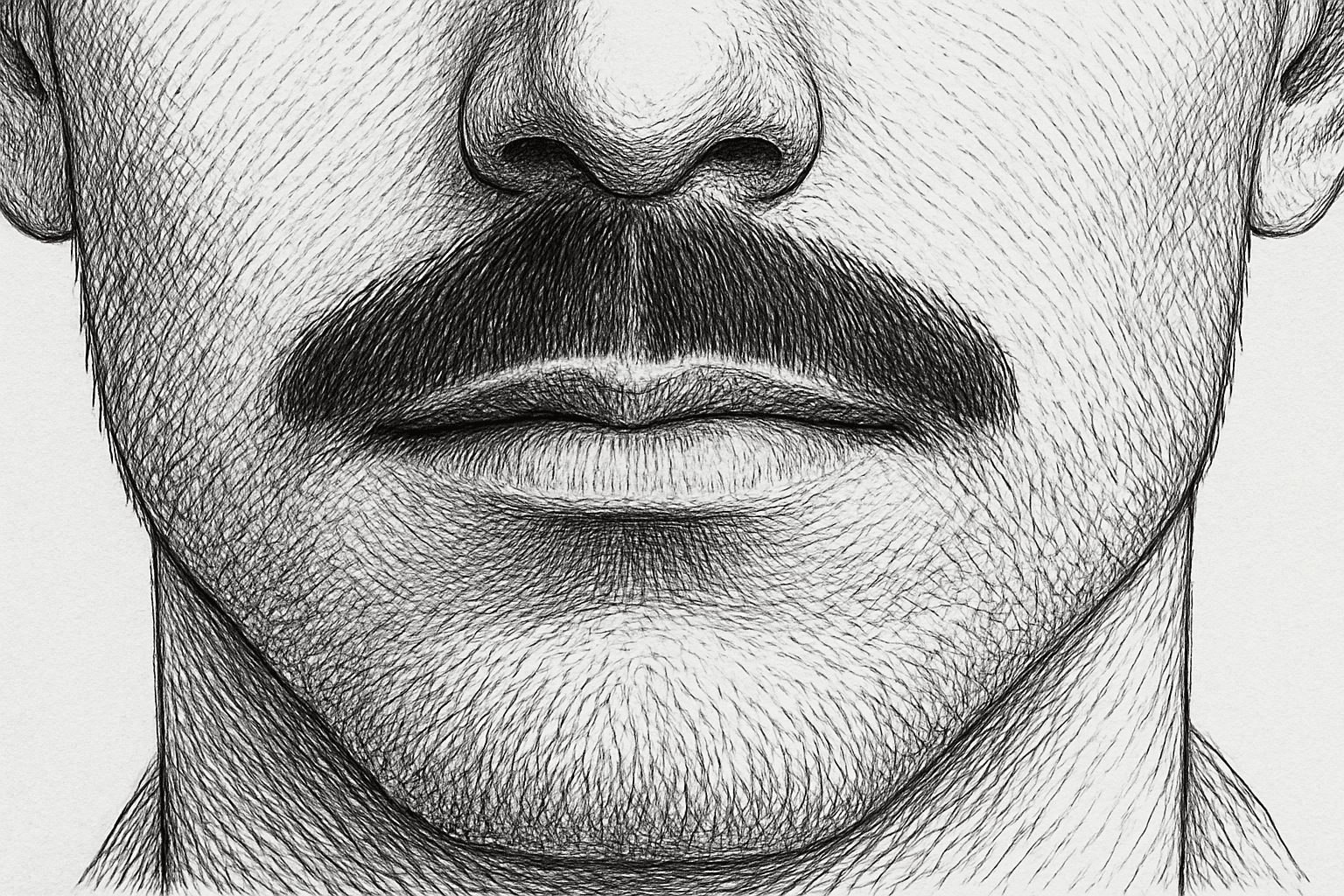 Minimalist moustache with straight, sharp edges lined with a razor.