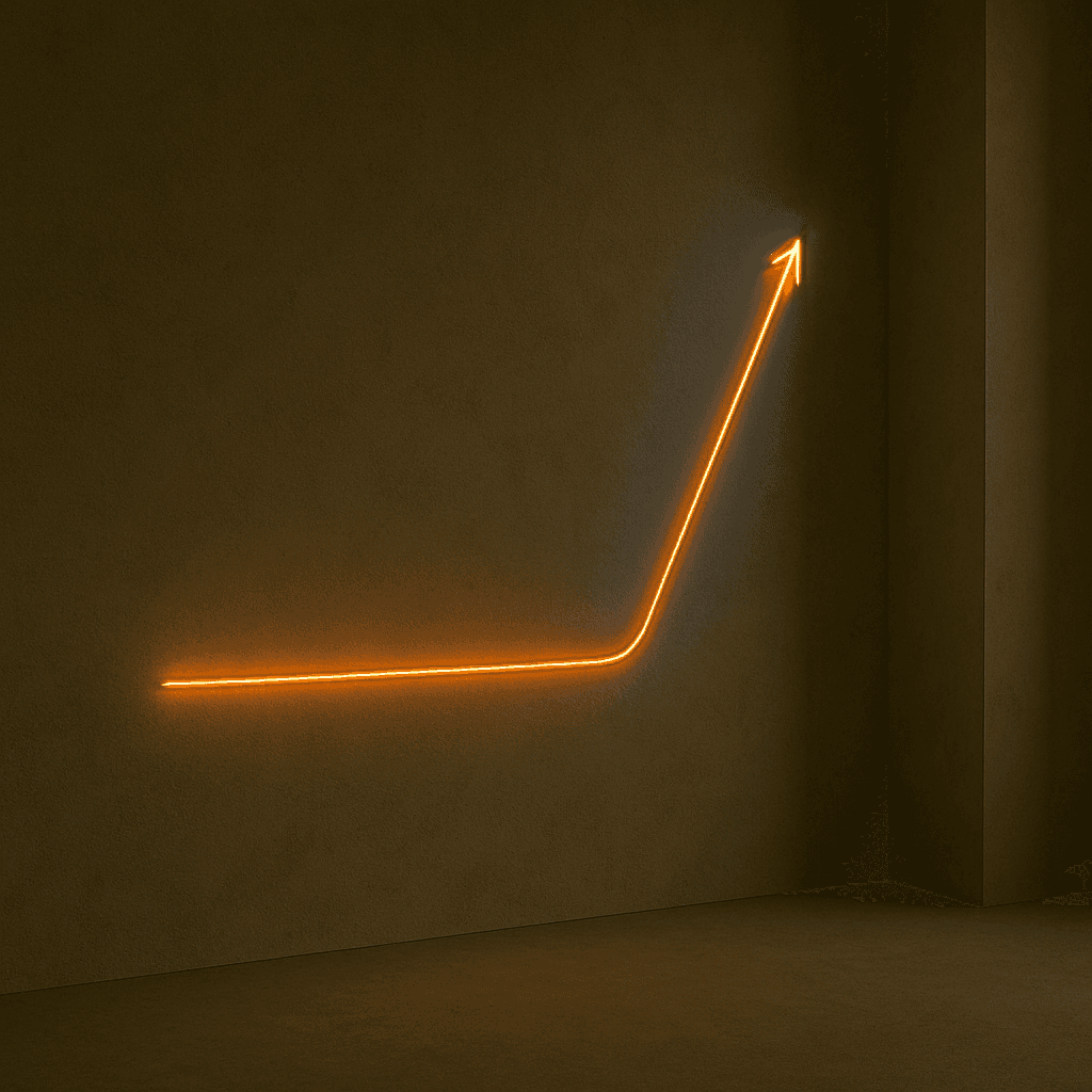 Smiling young woman with long hair standing against a dark green background, holding a finger to her chin.