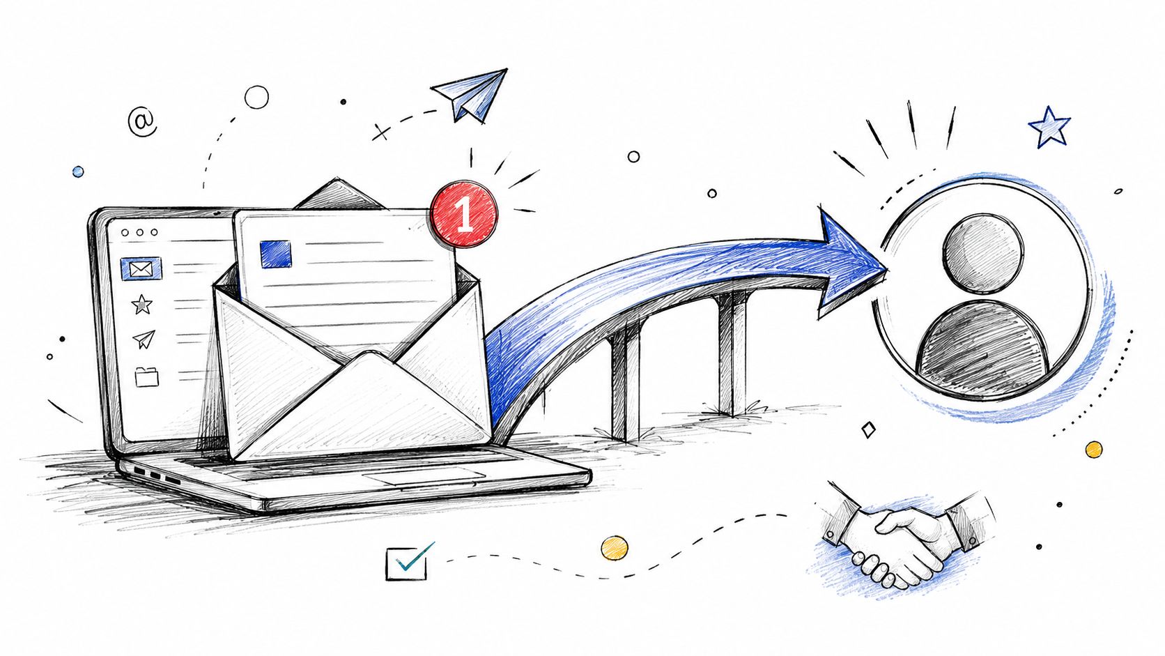 A hand-drawn illustration showing an email being sent from a laptop towards a user profile icon.