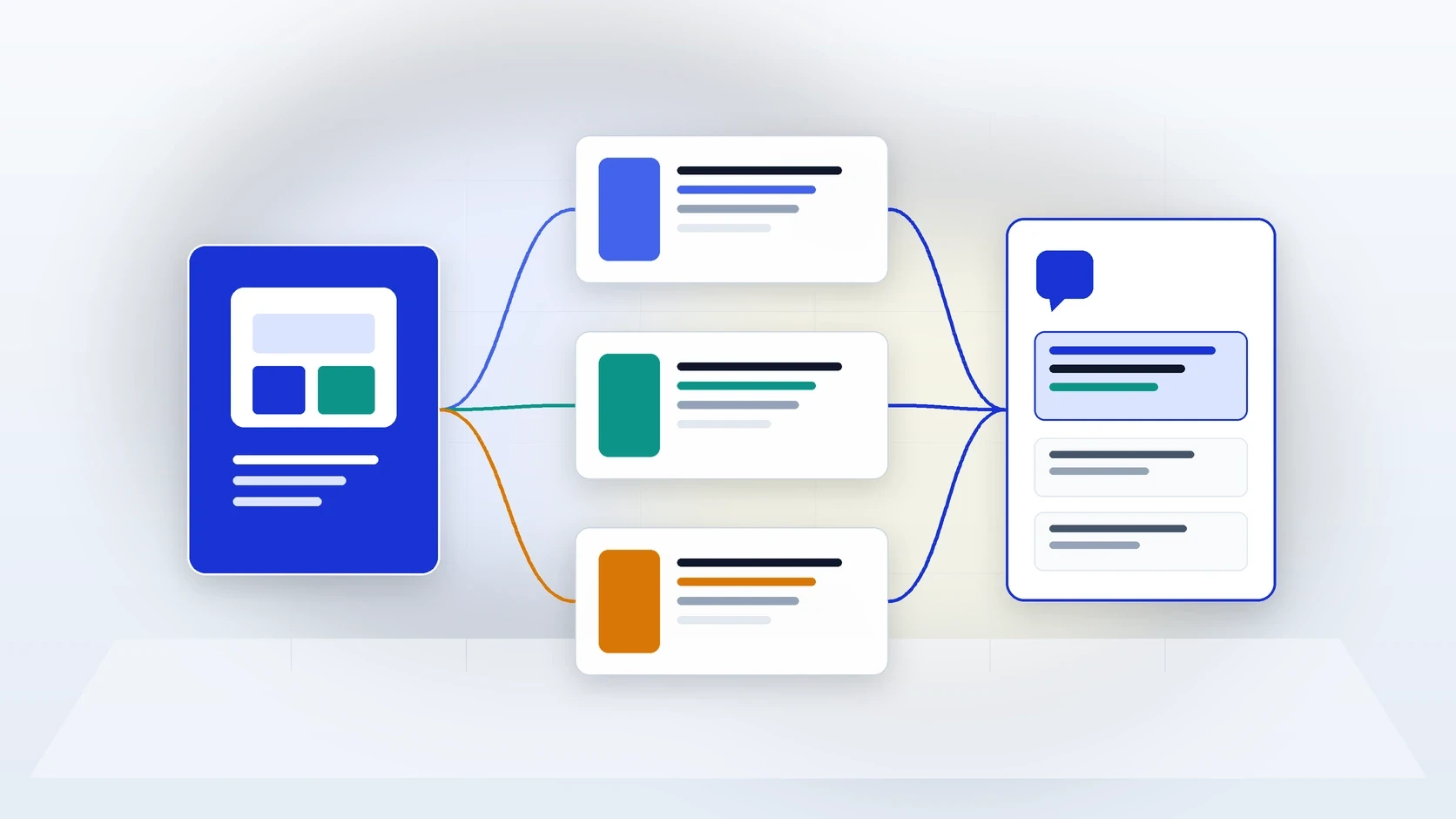 Brand emblem connected to canonical webpage facts, structured comparison tables and third-party corroboration feeding an AI answer card.
