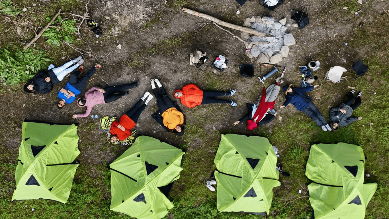 Drone shot of a running track at night