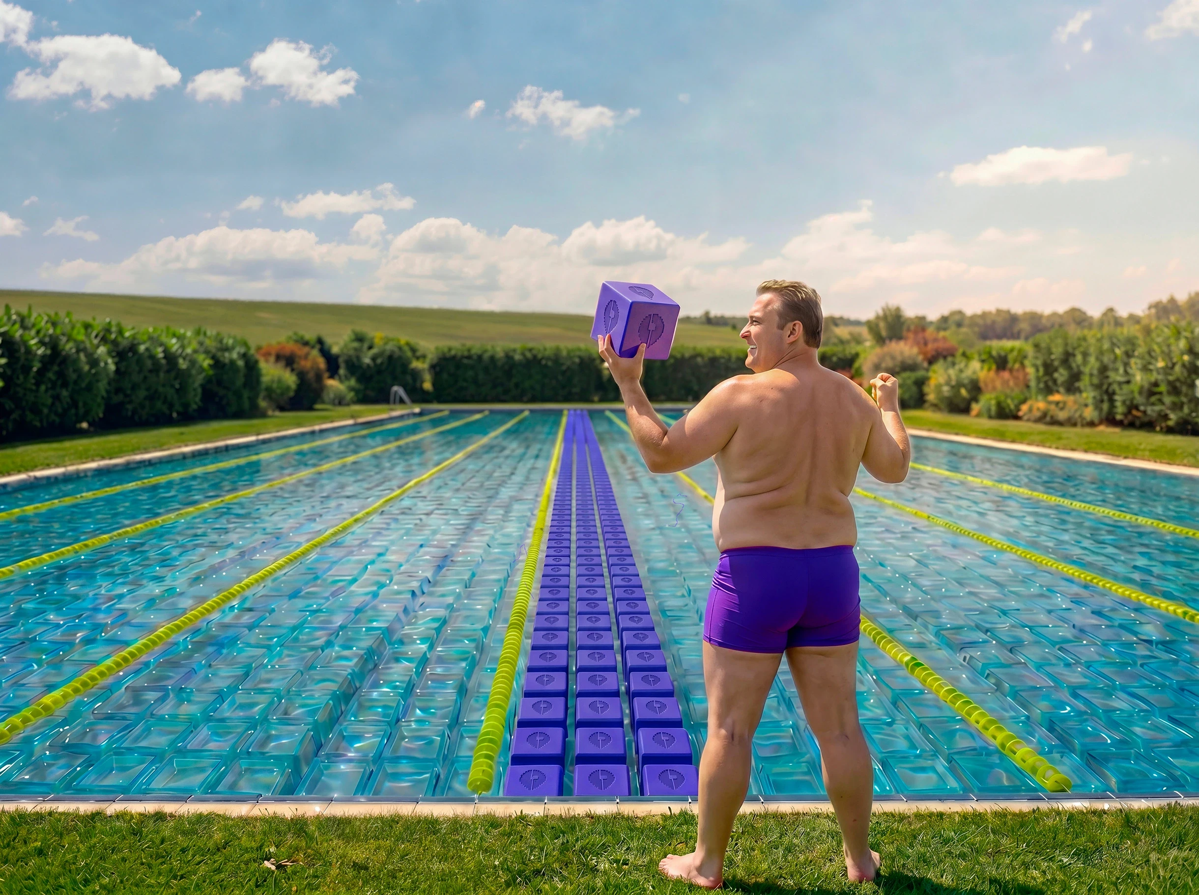 Placerion Rewards Pool benefit of holding Placerion stamp showcased with man holding Placerion cube next to the pool where are other cubes as he holds his part on the reward