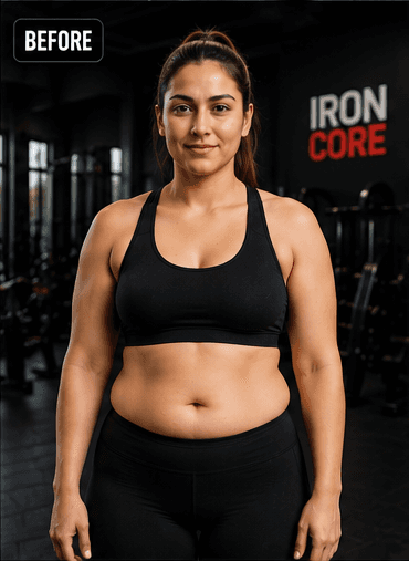 A side-by-side fitness transformation photo of a woman, showing successful core lean-out and definition improvements.