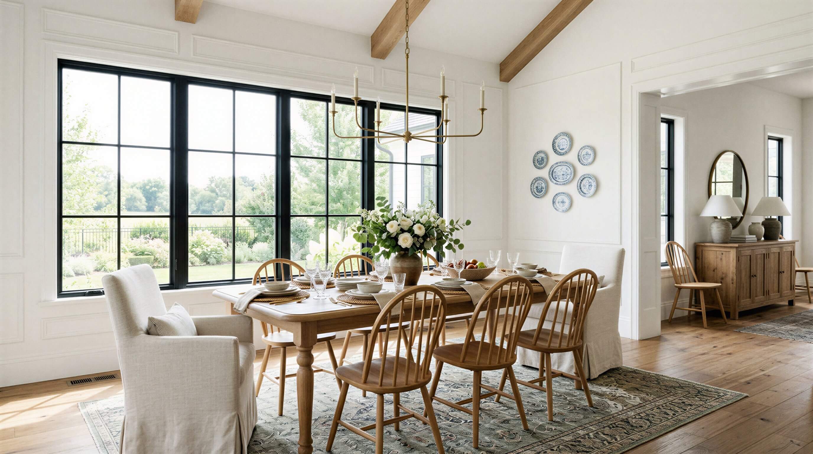 Transitional dining room with wooden table, brass chandelier, vaulted ceiling, and large black windows.
