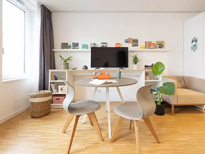 Dining and living area in a furnished student studio in Frankfurt