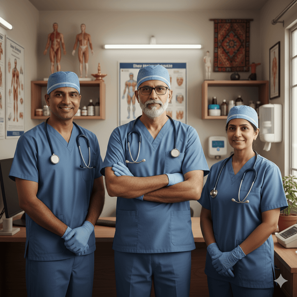 Three healthcare professionals in blue scrubs and surgical caps stand together confidently in a well-equipped clinic, smiling and ready to assist patients of all ages.