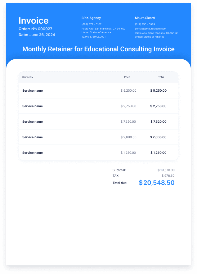 Monthly Retainer for Educational Consulting Invoice