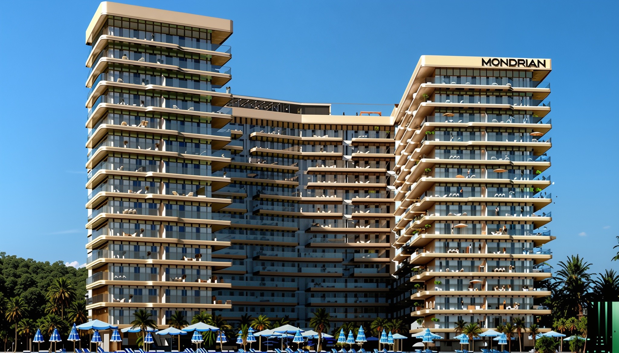 Beachfront apartment building named Mondrian in Dubai, showcasing modern architecture against a clear blue sky.
