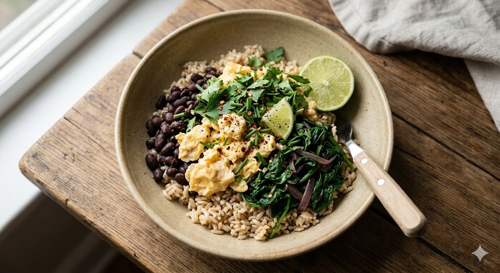 A savory scrambled egg and brown rice breakfast bowl served in a rustic ceramic dish on a wooden table, featuring black beans, sautéed spinach, and fresh herbs, with lime slices and a fork on the side.