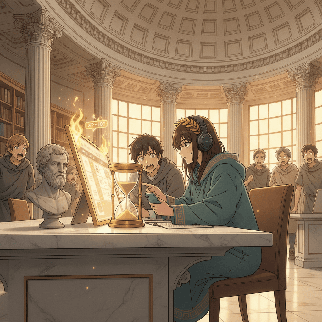 Social work student cracking a timed practice exam at a marble desk with a golden hourglass and streak flames