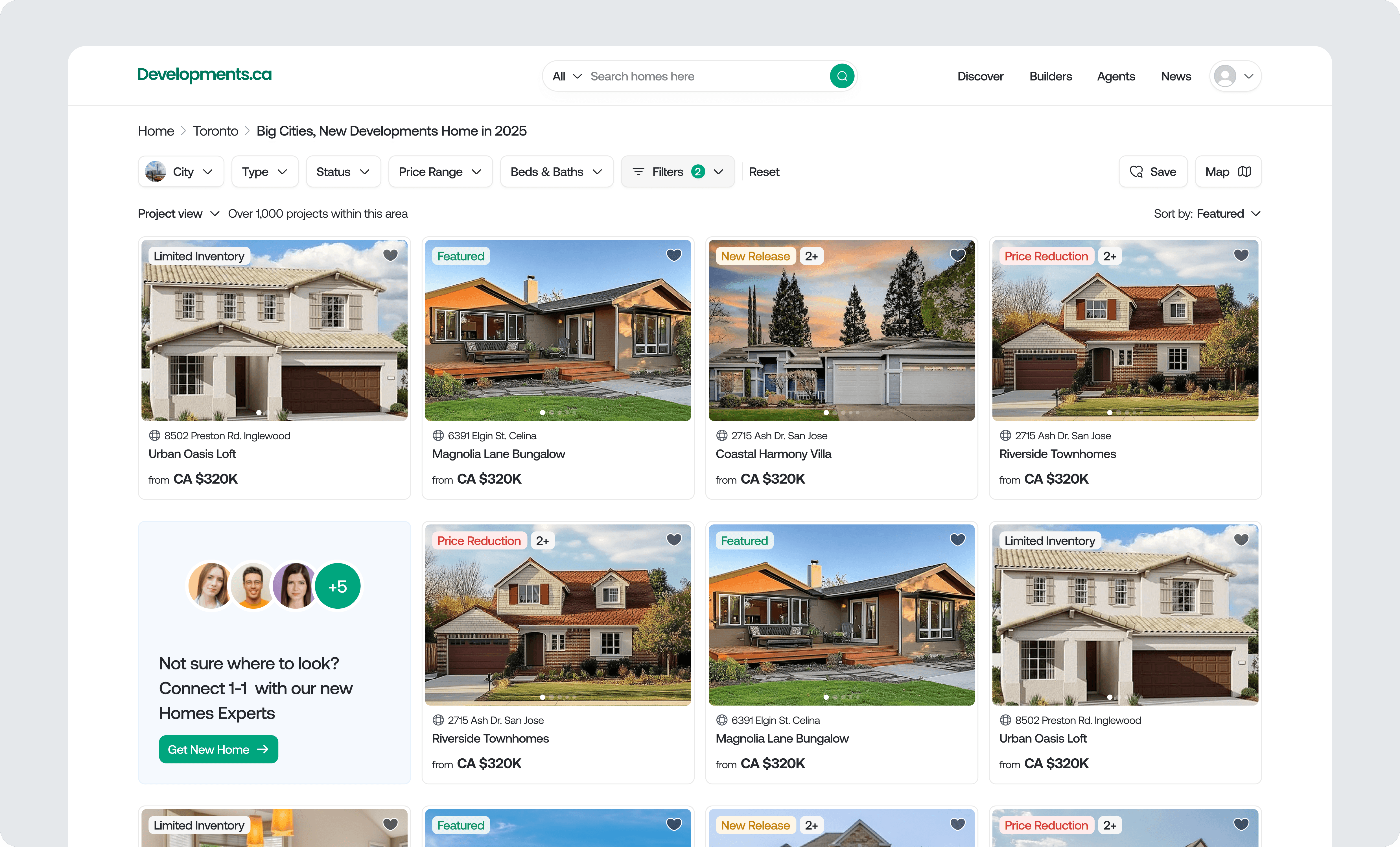 Property discovery page displaying new development listings with filter bar, project tags, pricing, and comparison-friendly listing cards.
