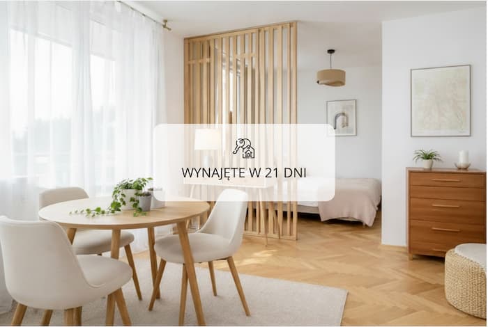 Przytulna jadalnia z okrągłym stołem połączona z częścią sypialnianą w jasnym wnętrzu