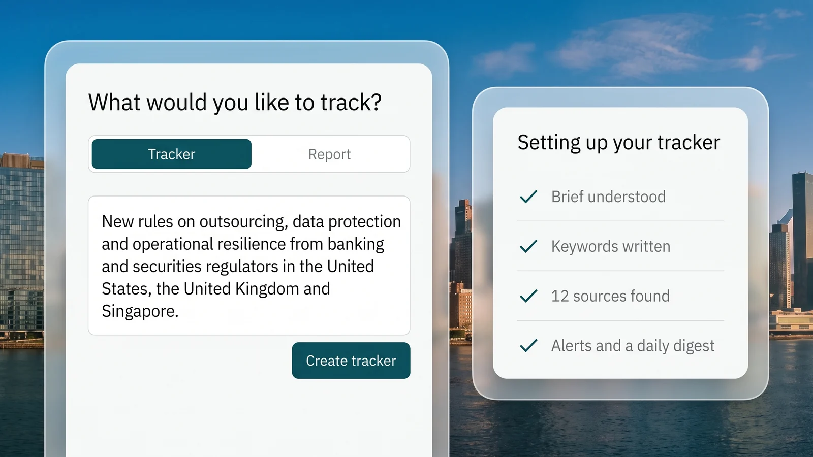 A tracker described in one plain-English sentence, with Needl.ai writing the keywords and finding twelve sources