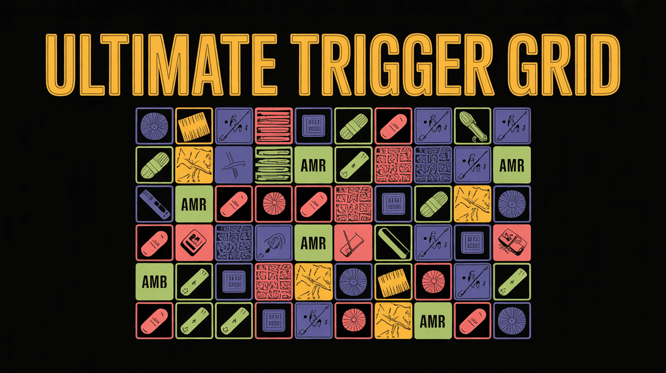 Trigger Grid Assortment ASMR Thumbnail Template featuring grid of ASMR props including brushes, tapping blocks, crinkly paper, labeled squares