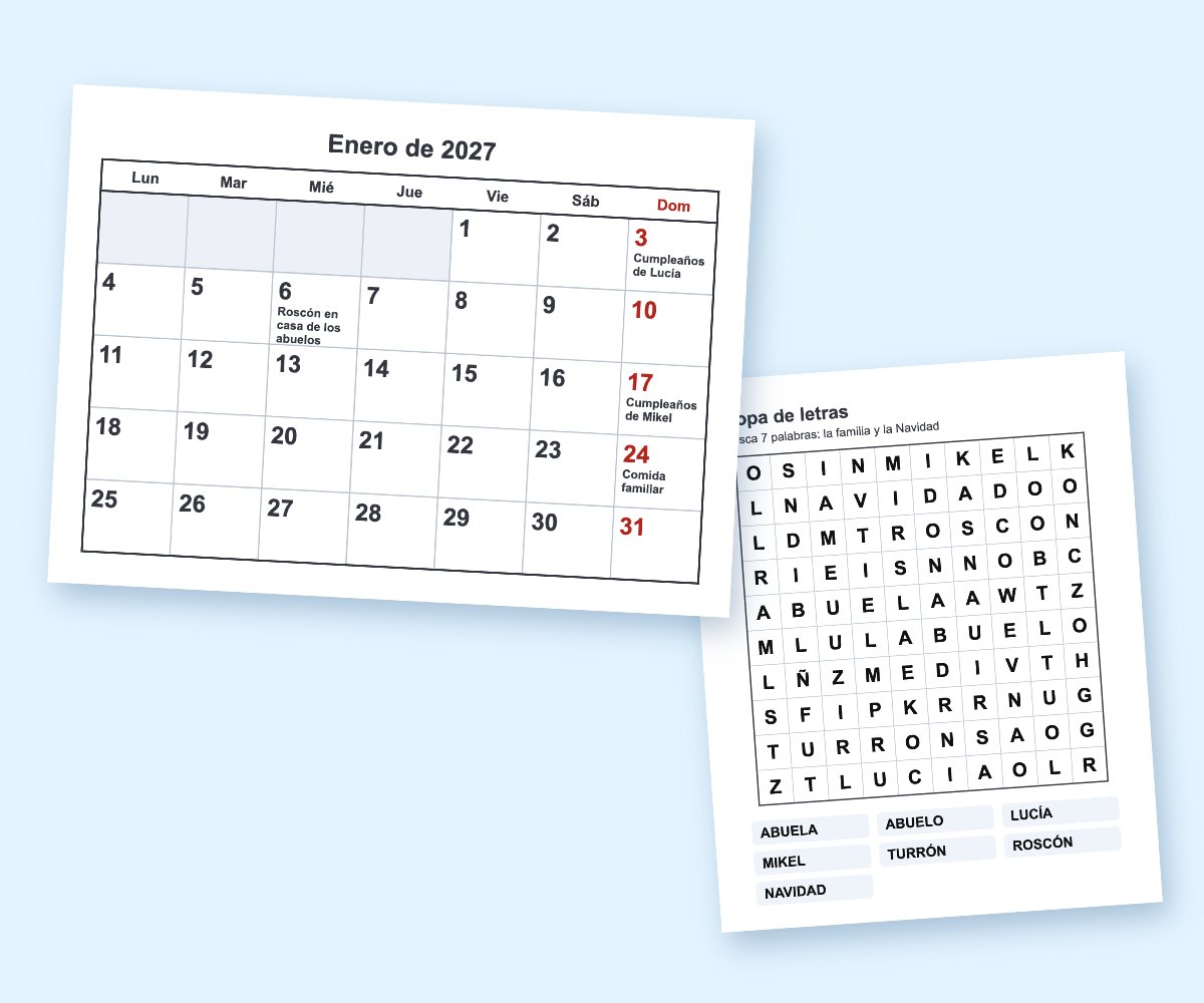 Calendario de enero de 2027 en letra grande con cumpleaños y comidas familiares, junto a una sopa de letras con nombres de la familia y palabras de Navidad