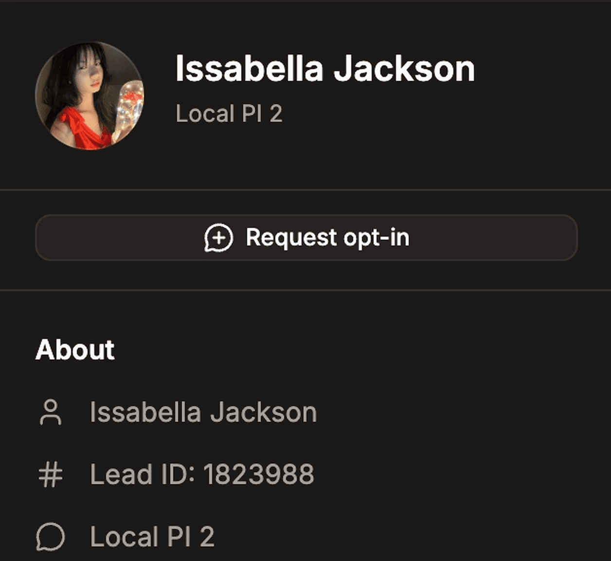 Lead details panel showing a lead's name and Page, a Request opt-in button, and an About section with the Lead ID.