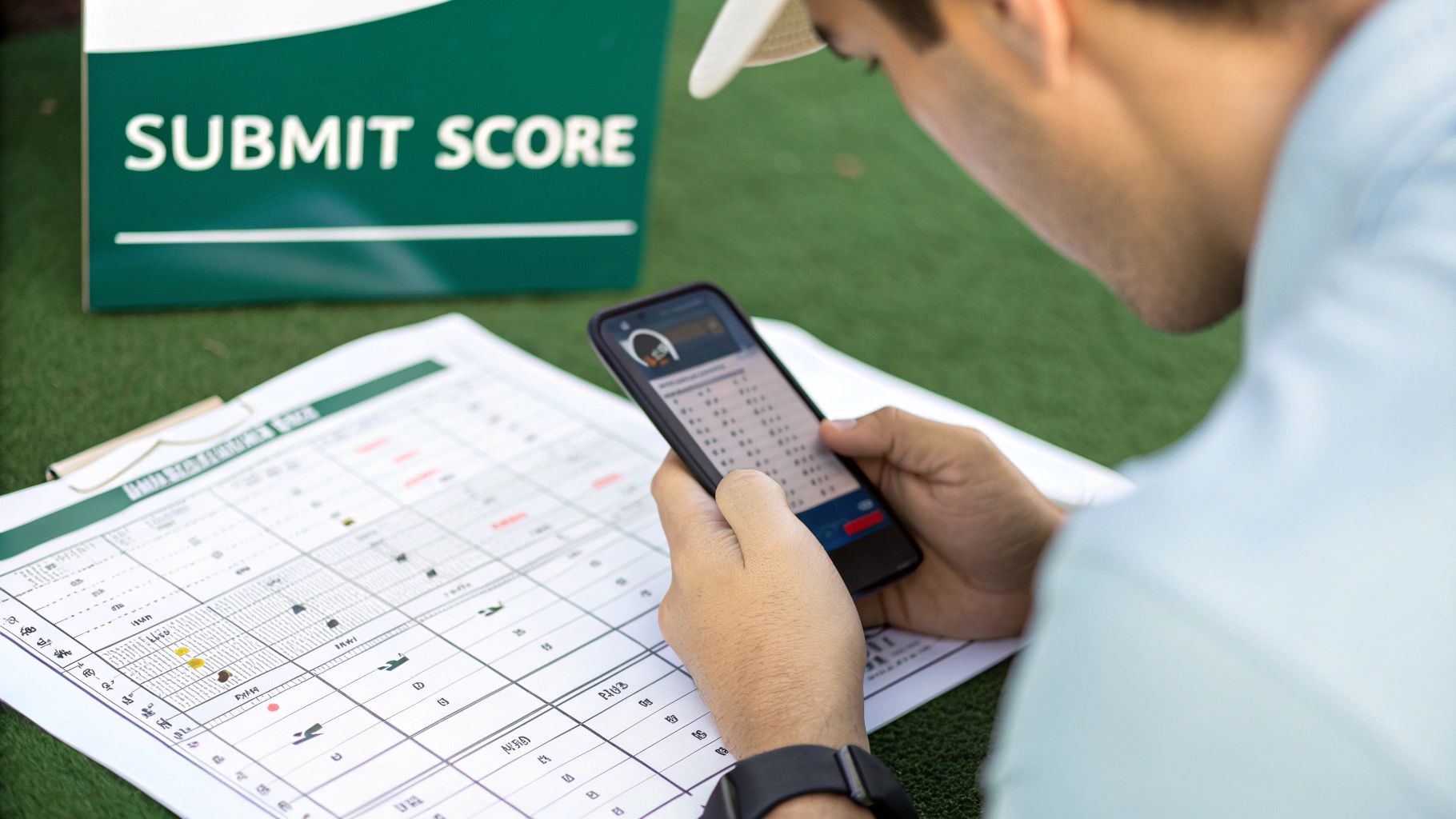 A golfer uses a smartphone to input scores from a paper scorecard, with a 'SUBMIT SCORE' sign nearby.