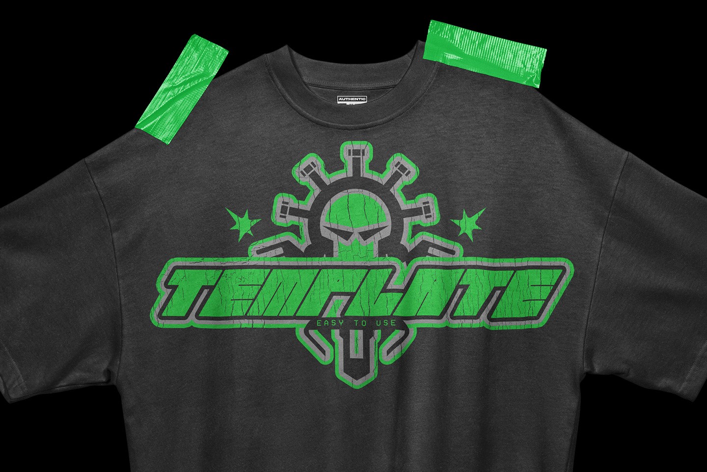 Close up of a green y2k logotype bundle template printed on a black oversized t-shirt