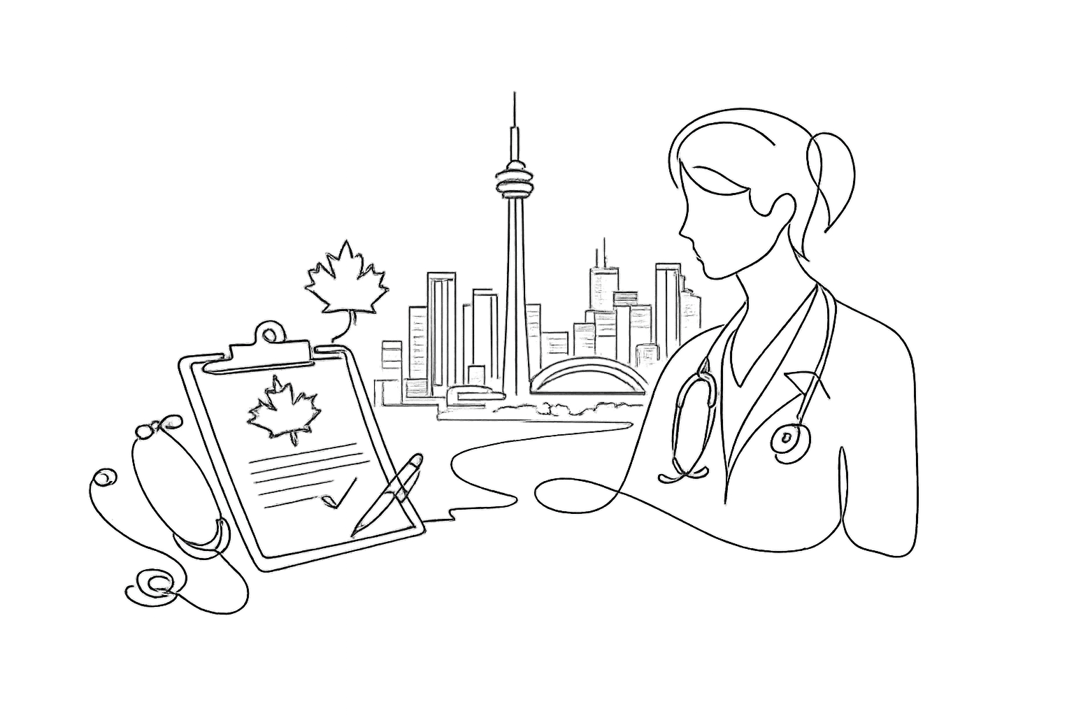 Continuous contour line drawing of a panel physician performing an immigration medical exam with stethoscope, clipboard, and Toronto skyline including CN Tower, representing immigration medical services at GTA Immigration Physicians in Toronto