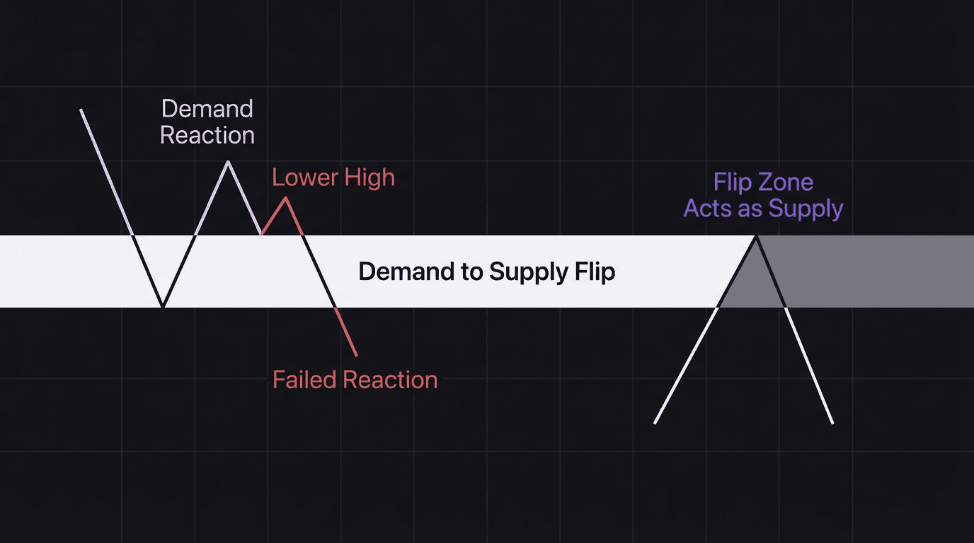 Diagram of a demand-to-supply flip zone showing failed demand reaction and subsequent use as supply